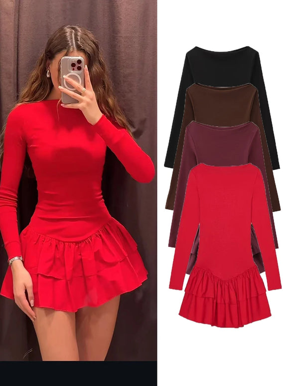 TRAF 2025 Fashion Women Solid Tierred Mini Dresses New Elegant O-neck Long Sleeve Slim Ruffles Party Dress Summer Streetwear