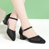 Women Closed Toe Sandals Women's Hollow Flat Mid Heel Women's Chunky Heel  PU Leather Shoes Hollow Mesh Soft Bottom Mom Shoes
