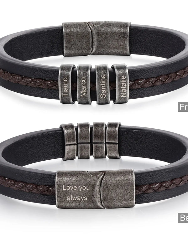 Personalized Engraving 2-5 Name Mens Leather Bracelet Customized Vintage Beaded Bracelets for Men Retro Jewelry Gift for Father