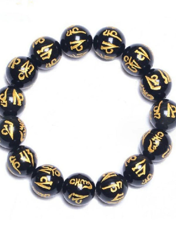 Tibetan Buddhism Six Words Mantra Bracelets For Men Women Black Obsidian Amulet Lucky Bangles Jewelry With Gift Box