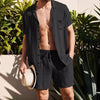 Men s Casual Two Piece Linen Outfit with Short Sleeve Button-up Shirt and Elastic Waist Shorts in Solid Color