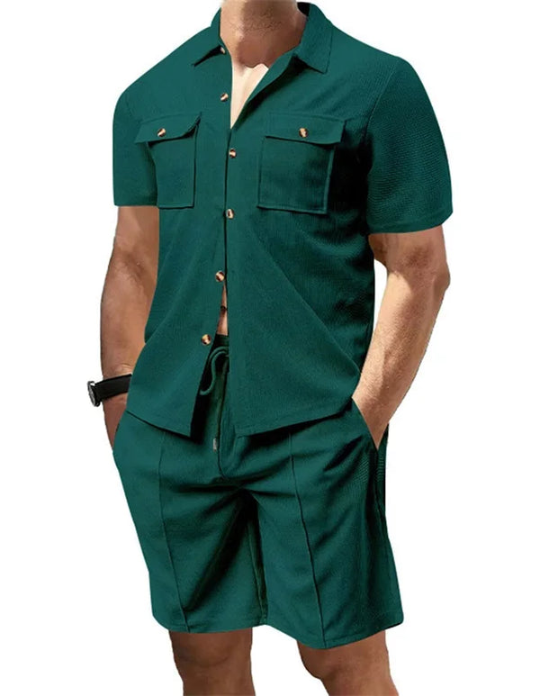 Casual Men s Summer Set Stylish Short Sleeve Button Up Shirt and Comfortable Elastic Waist Shorts in Solid Colors for Beach
