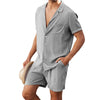 Men s Casual Two Piece Linen Outfit with Short Sleeve Button-up Shirt and Elastic Waist Shorts in Solid Color