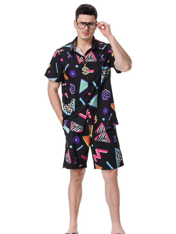 Men's short sleeved shirt shorts printed set 80S Hawaiian style vacation casual versatile loose fashion printed T-shirt beach