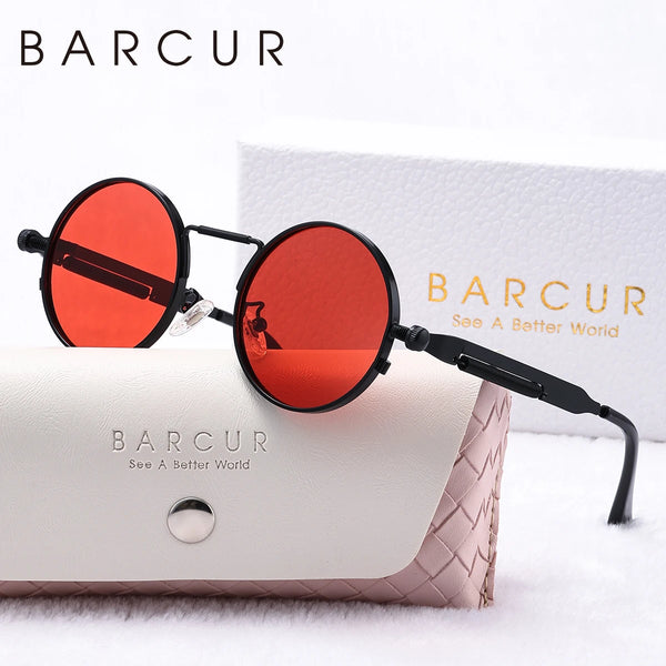 BARCUR Stylish Round Women Sunglasses Unique Spring Mirror Legs Metal Frame Steampunk Retro Sunshade UV400 Men Sunglasses