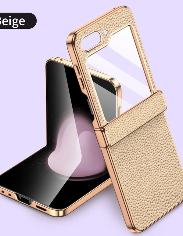 Cowhide Leather Phone Case for Samsung Galaxy Z Flip6 Flip5 Flip 6 5 ZFlip5 Luxury Hinge Protection Cover with Tempered Glass