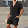 Men s Casual Two Piece Linen Outfit with Short Sleeve Button-up Shirt and Elastic Waist Shorts in Solid Color