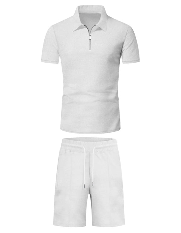 Men'S Short Sleeved Shorts Casual Set Summer Waffle Solid Color Casual Loose Collar T-Shirt Set Men Fitness Sports Clothes
