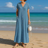 Summer Beach Holiday Maxi Dresses For Women Casual V Neck Short Sleeve Button Shirt Dress Women Loose Long Dress Boho