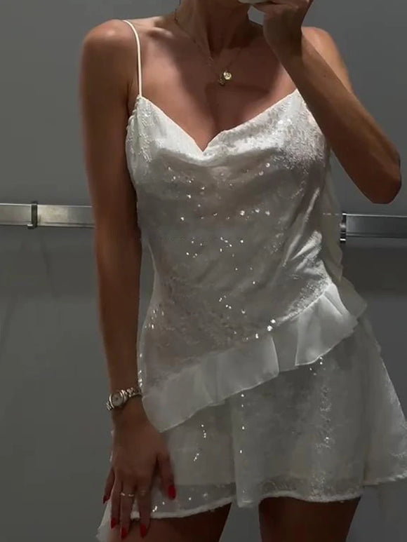 Sequin Ruffles Slip Short Dress Women Sexy Glitter Sleeveless Backless Waist Cinching Irregular Dresses Chic Lady New Partywear