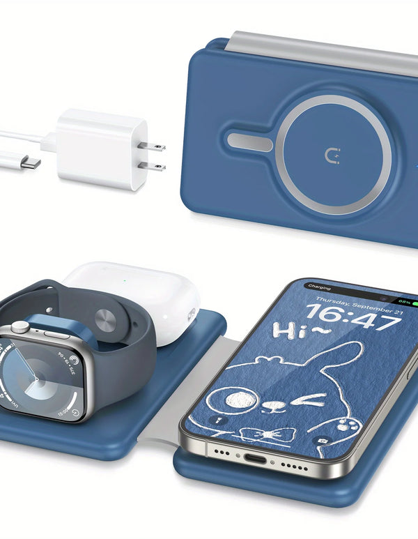 Cell Phone Wireless Charger - 3-in-1 Travel Charging Station for Multiple Devices, Portable Foldable Magnetic Charging Pad