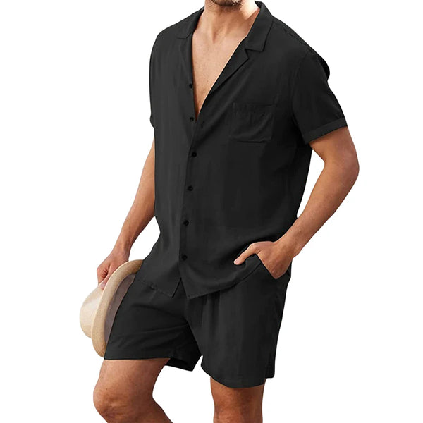 Men s Casual Two Piece Linen Outfit with Short Sleeve Button-up Shirt and Elastic Waist Shorts in Solid Color