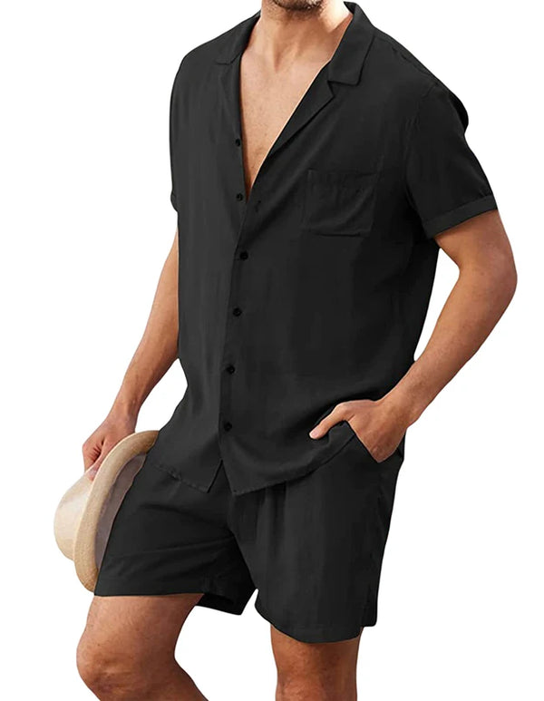 Men s Casual Two Piece Linen Outfit with Short Sleeve Button-up Shirt and Elastic Waist Shorts in Solid Color