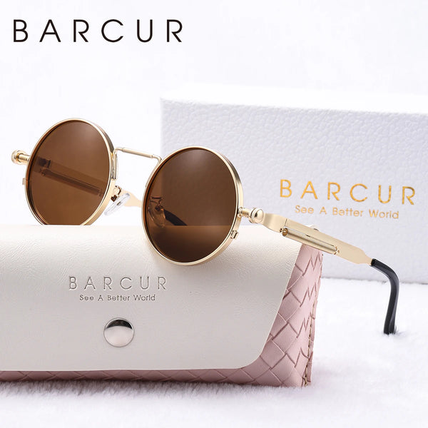 BARCUR Stylish Round Women Sunglasses Unique Spring Mirror Legs Metal Frame Steampunk Retro Sunshade UV400 Men Sunglasses
