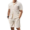 Casual Men s Summer Set Stylish Short Sleeve Button Up Shirt and Comfortable Elastic Waist Shorts in Solid Colors for Beach