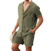 Men s Casual Two Piece Linen Outfit with Short Sleeve Button-up Shirt and Elastic Waist Shorts in Solid Color