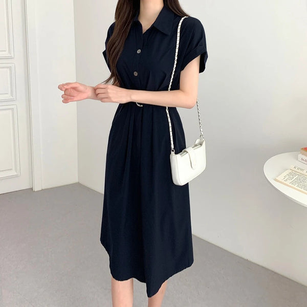REALEFT Spring Summer Vintage Women's Shirt Dresses Sashes 2025 New Short Sleeve Batwing Sleeve Casual Loose A-line Dress Female
