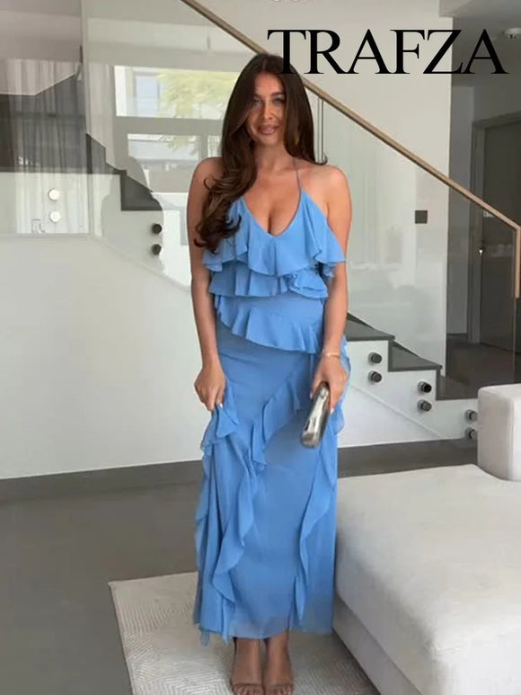 TRAFZA Women Chic Sexy V-Neck Sleeveless Backless Wrinkles Decorate Midi Dress Woman Summer Elegant Zipper Beach Party Dress
