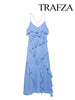 TRAFZA Women Chic Sexy V-Neck Sleeveless Backless Wrinkles Decorate Midi Dress Woman Summer Elegant Zipper Beach Party Dress