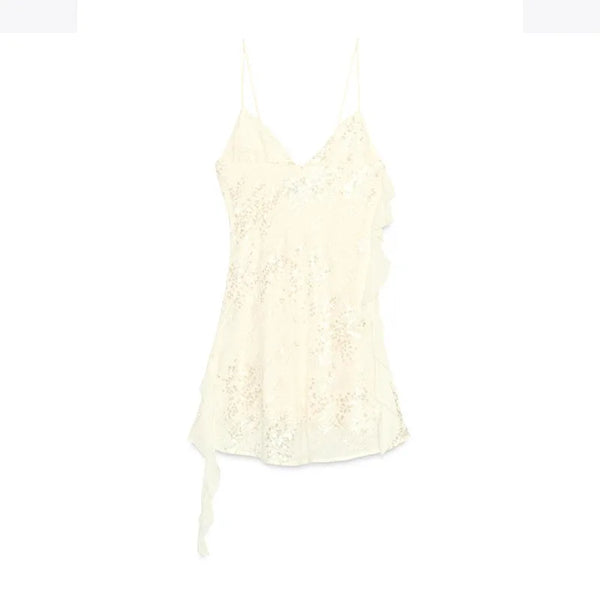 Sequined Ruffled Halter Dress Pleated Layered V-Neck Pile Collar Suspender Sexy Slimming Gown Beach Women Camisole Mini Dresses