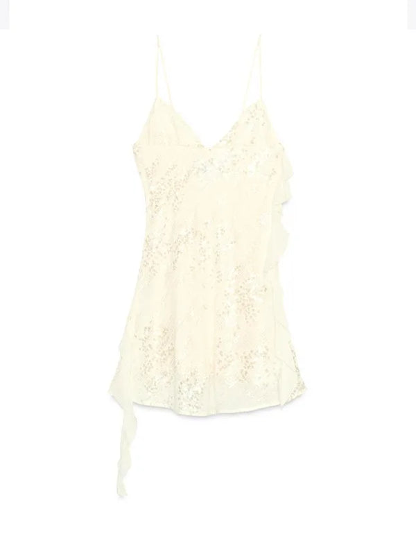 Sequined Ruffled Halter Dress Pleated Layered V-Neck Pile Collar Suspender Sexy Slimming Gown Beach Women Camisole Mini Dresses