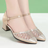 Women Closed Toe Sandals Women's Hollow Flat Mid Heel Women's Chunky Heel  PU Leather Shoes Hollow Mesh Soft Bottom Mom Shoes