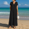 Summer Beach Holiday Maxi Dresses For Women Casual V Neck Short Sleeve Button Shirt Dress Women Loose Long Dress Boho