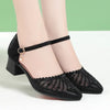 Women Closed Toe Sandals Women's Hollow Flat Mid Heel Women's Chunky Heel  PU Leather Shoes Hollow Mesh Soft Bottom Mom Shoes