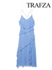 TRAFZA Women Chic Sexy V-Neck Sleeveless Backless Wrinkles Decorate Midi Dress Woman Summer Elegant Zipper Beach Party Dress