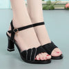 Comfort Soft Leather Sandals Women's Summer Fashion Shoes Mother Thick Heel High Heels Diamond Non-slip  Black Thin Shoes