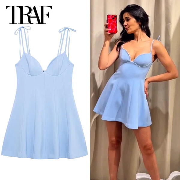 TRAF Women's Blue Slip Dress Summer 2025 Woman Elegant Butterfly Corset Resort Short Dresses Bow Sleeveless Backless Vestido 066