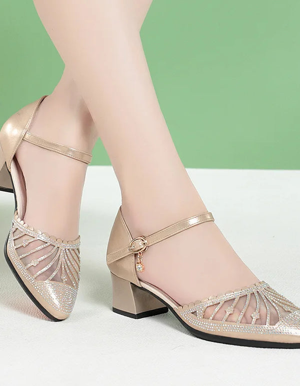 Women Closed Toe Sandals Women's Hollow Flat Mid Heel Women's Chunky Heel  PU Leather Shoes Hollow Mesh Soft Bottom Mom Shoes