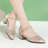 Women Closed Toe Sandals Women's Hollow Flat Mid Heel Women's Chunky Heel  PU Leather Shoes Hollow Mesh Soft Bottom Mom Shoes