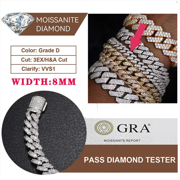Fine Jewelry VVS1 D Color Moissanite Cuban Chain Bracelet For Men Luxury S925 Silver Bracelet For Men Hip Hop Jewelry