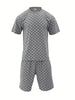 Men's Summer Jacquard Plaid Short-Sleeve T-Shirt And Loose Straight-Leg Casual Shorts Set